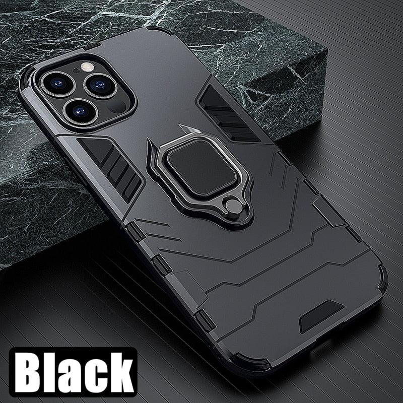 Coque antichoc pour iPhone 11 12 13 14 Pro XR Xs Max X 8 7 6 Plus 5S, étui armure magnétique pour iPhone, coque arrière pare-chocs avec support de bague et béquille intégrée, protection à 360 degrés