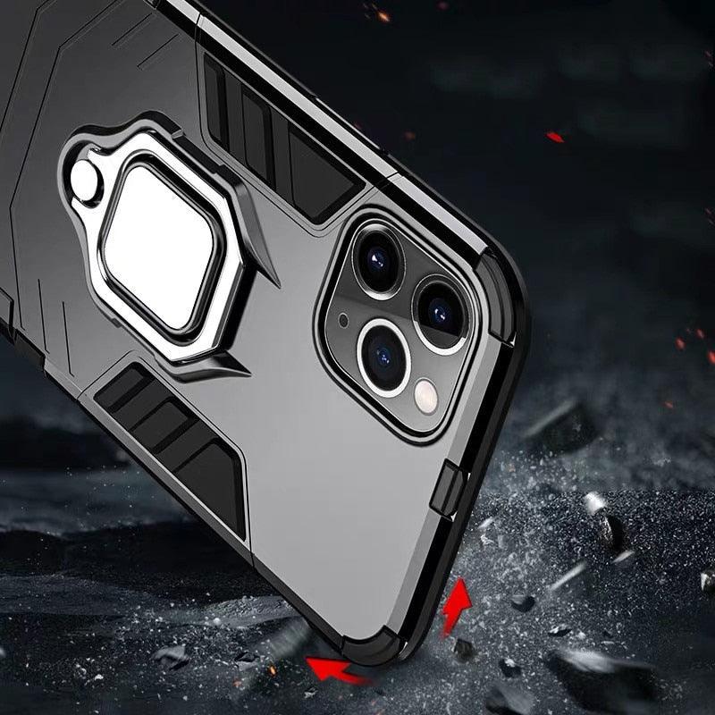 Coque antichoc pour iPhone 11 12 13 14 Pro XR Xs Max X 8 7 6 Plus 5S, étui armure magnétique pour iPhone, coque arrière pare-chocs avec support de bague et béquille intégrée, protection à 360 degrés