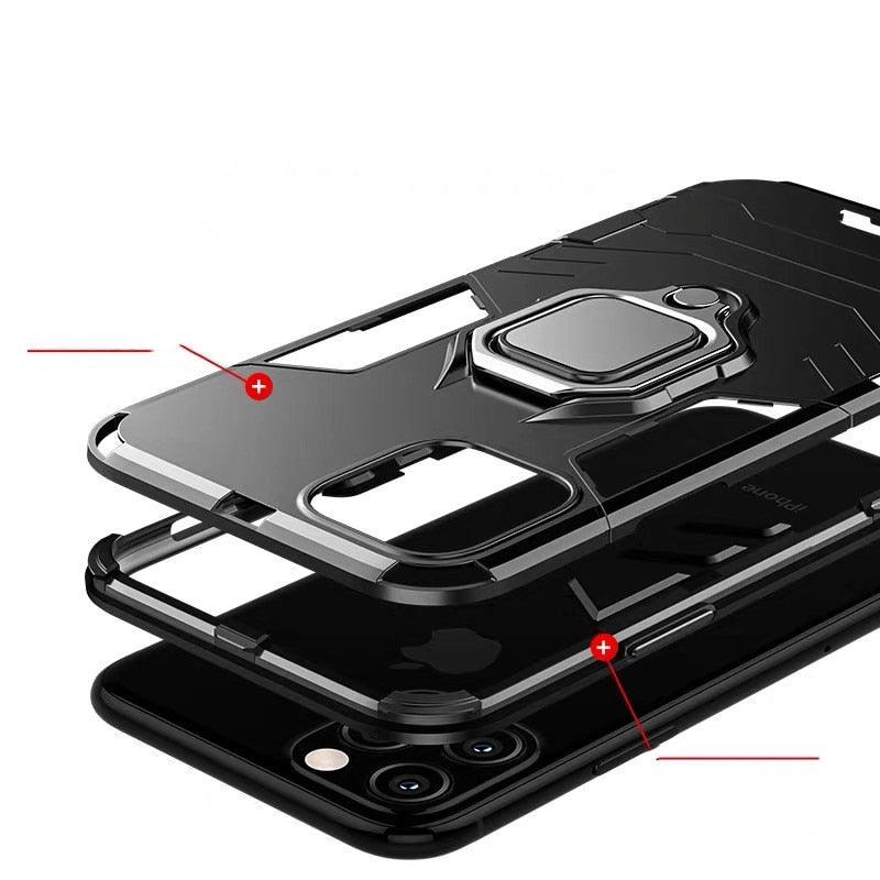 Coque antichoc pour iPhone 11 12 13 14 Pro XR Xs Max X 8 7 6 Plus 5S, étui armure magnétique pour iPhone, coque arrière pare-chocs avec support de bague et béquille intégrée, protection à 360 degrés