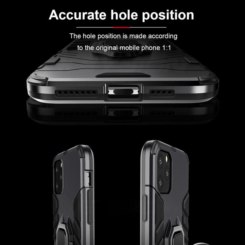 Coque antichoc pour iPhone 11 12 13 14 Pro XR Xs Max X 8 7 6 Plus 5S, étui armure magnétique pour iPhone, coque arrière pare-chocs avec support de bague et béquille intégrée, protection à 360 degrés