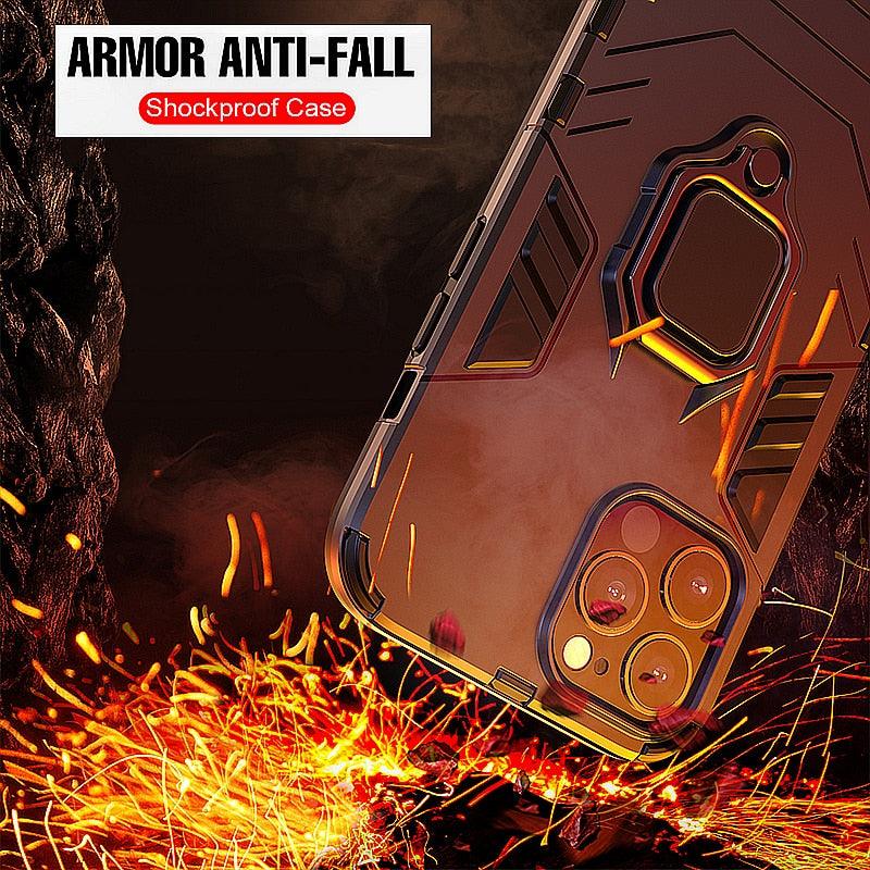Coque antichoc pour iPhone 11 12 13 14 Pro XR Xs Max X 8 7 6 Plus 5S, étui armure magnétique pour iPhone, coque arrière pare-chocs avec support de bague et béquille intégrée, protection à 360 degrés