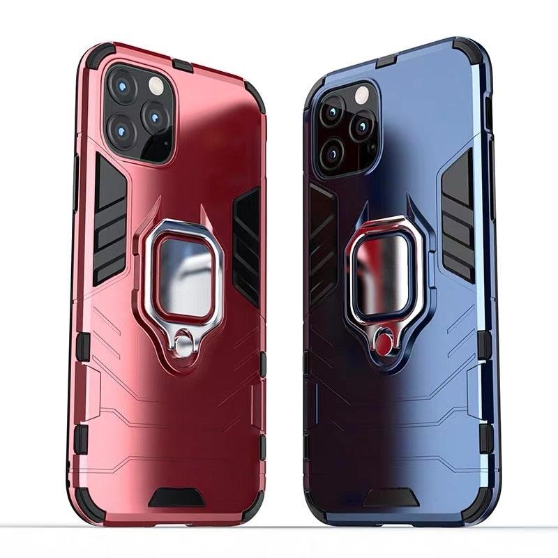 Coque antichoc pour iPhone 11 12 13 14 Pro XR Xs Max X 8 7 6 Plus 5S, étui armure magnétique pour iPhone, coque arrière pare-chocs avec support de bague et béquille intégrée, protection à 360 degrés