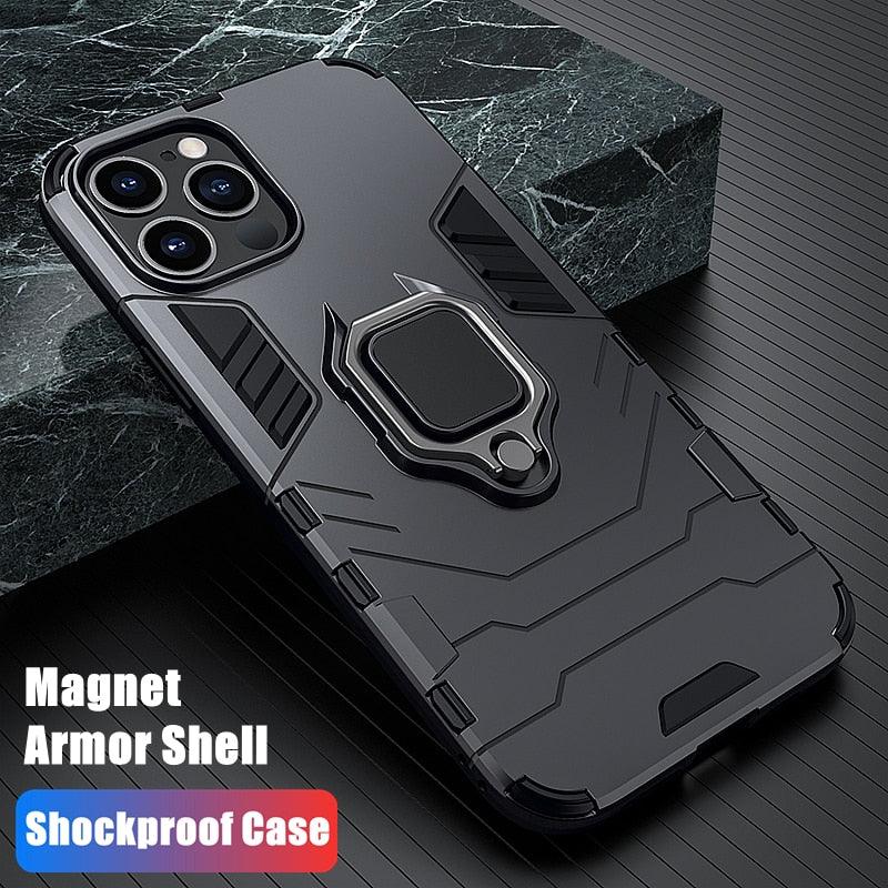 Coque antichoc pour iPhone 11 12 13 14 Pro XR Xs Max X 8 7 6 Plus 5S, étui armure magnétique pour iPhone, coque arrière pare-chocs avec support de bague et béquille intégrée, protection à 360 degrés