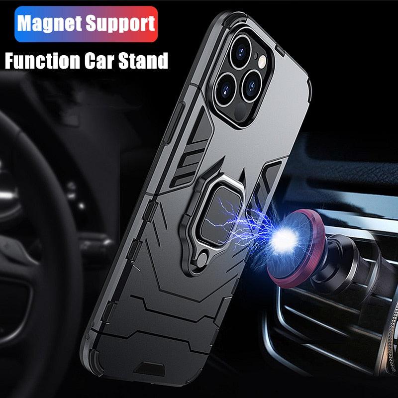 Coque antichoc pour iPhone 11 12 13 14 Pro XR Xs Max X 8 7 6 Plus 5S, étui armure magnétique pour iPhone, coque arrière pare-chocs avec support de bague et béquille intégrée, protection à 360 degrés