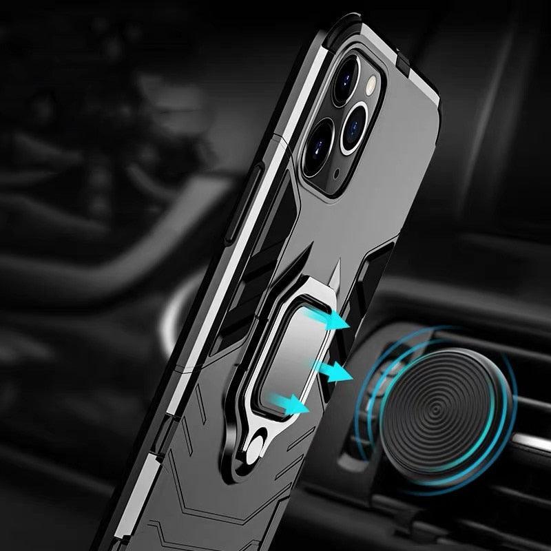 Coque antichoc pour iPhone 11 12 13 14 Pro XR Xs Max X 8 7 6 Plus 5S, étui armure magnétique pour iPhone, coque arrière pare-chocs avec support de bague et béquille intégrée, protection à 360 degrés