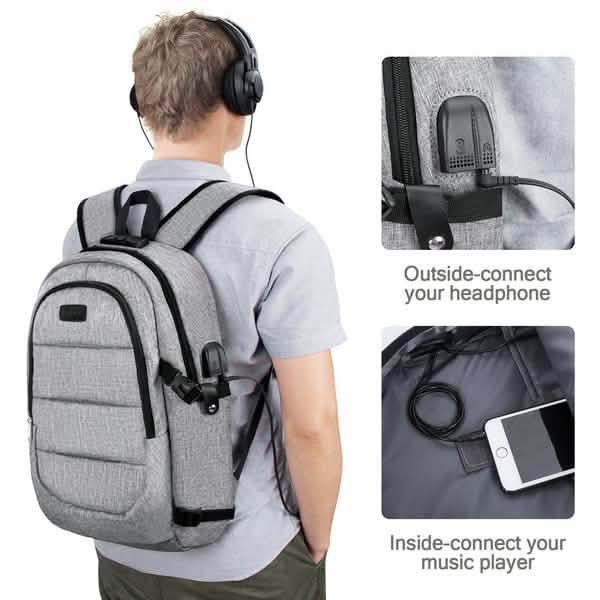 Sac à dos classique antivol étanche avec port de chargement USB et interface casque