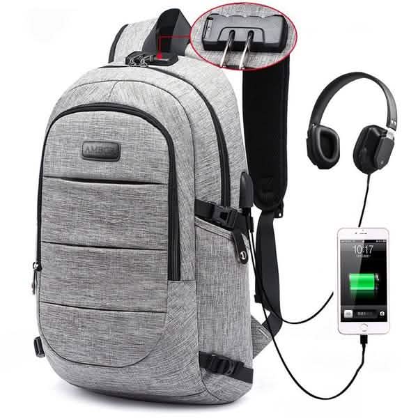 Sac à dos classique antivol étanche avec port de chargement USB et interface casque