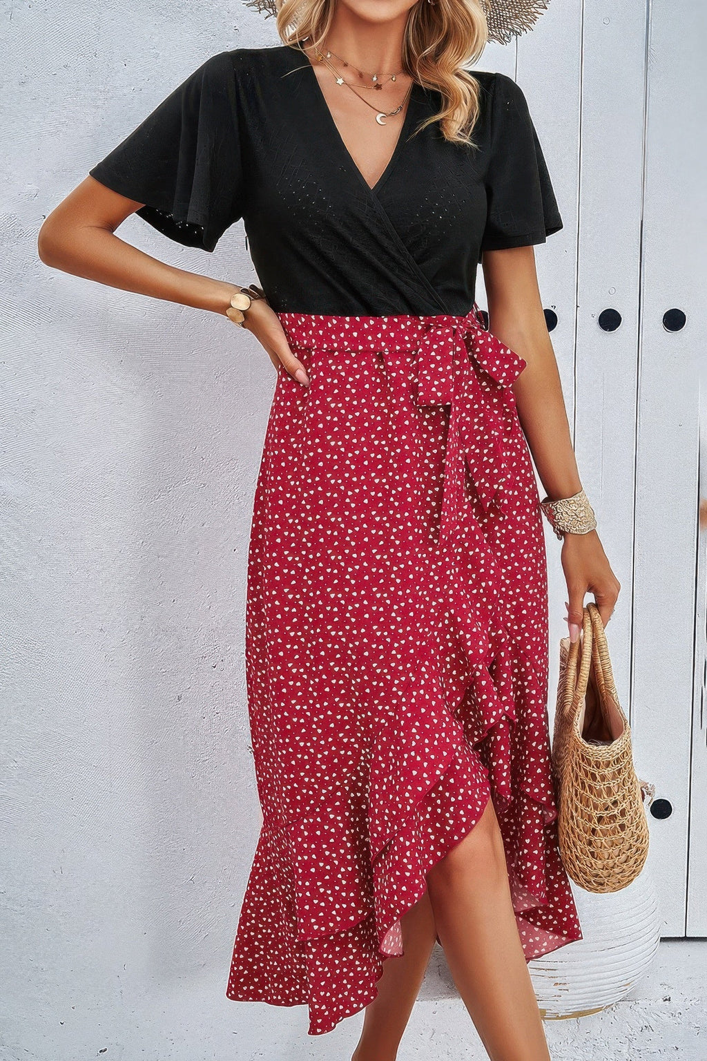 Robe trapèze imprimée à col en V en dentelle color block