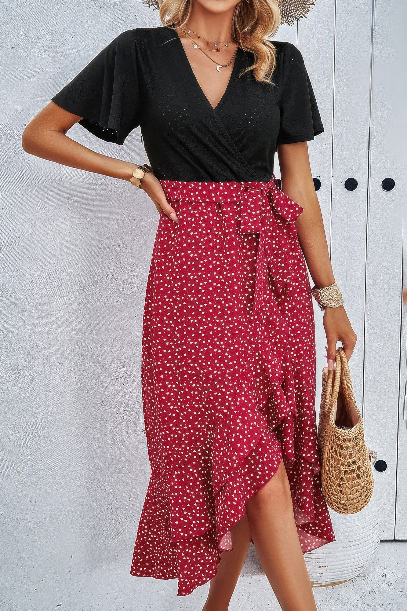Robe trapèze imprimée à col en V en dentelle color block