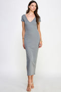 Robe longue côtelée à double encolure en V