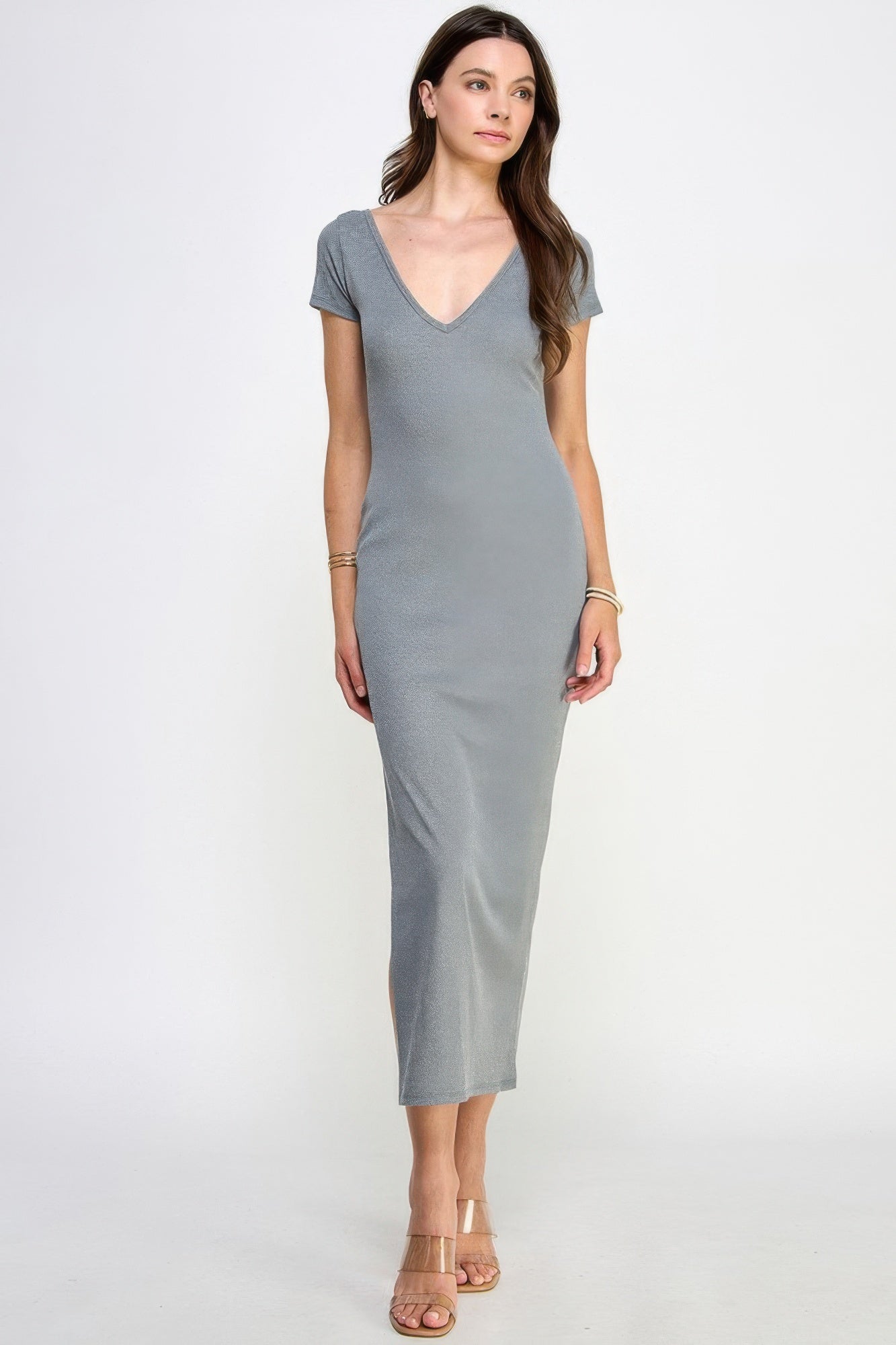 Robe longue côtelée à double encolure en V