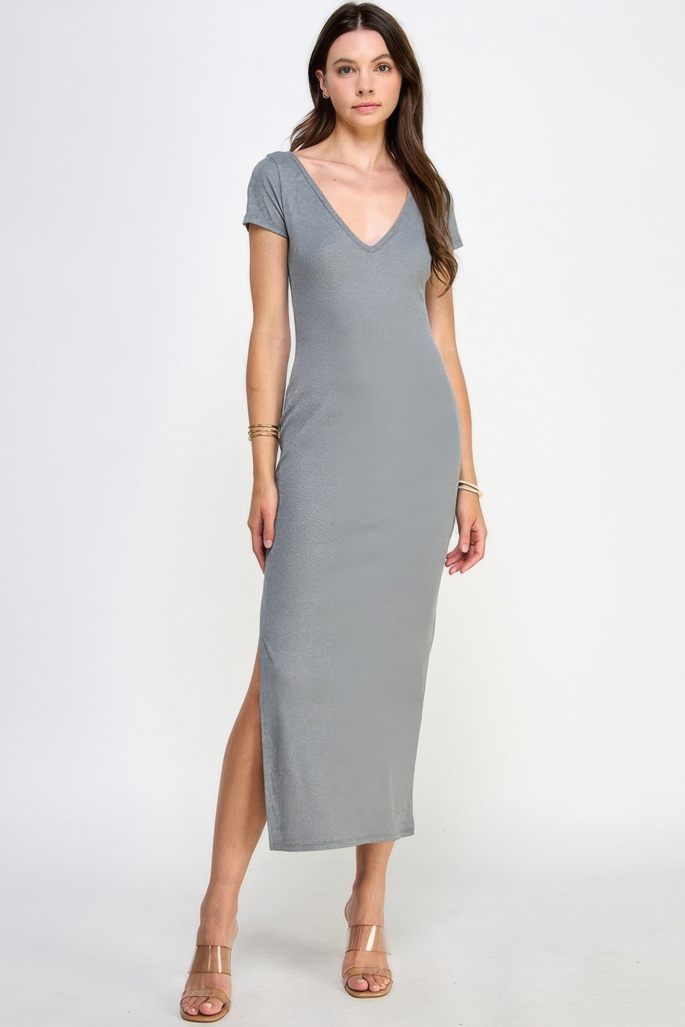 Robe longue côtelée à double encolure en V