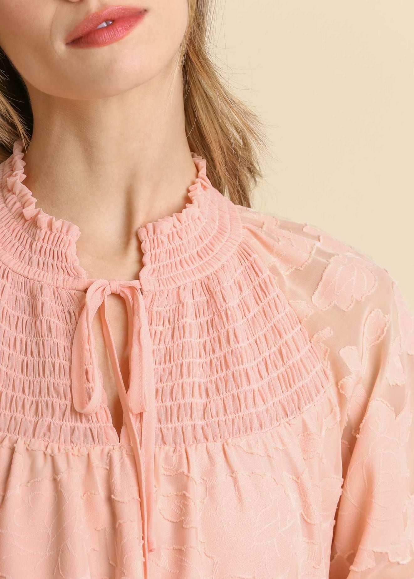 Robe à encolure Jacquard Smocked à encolure nouée, rose poudré