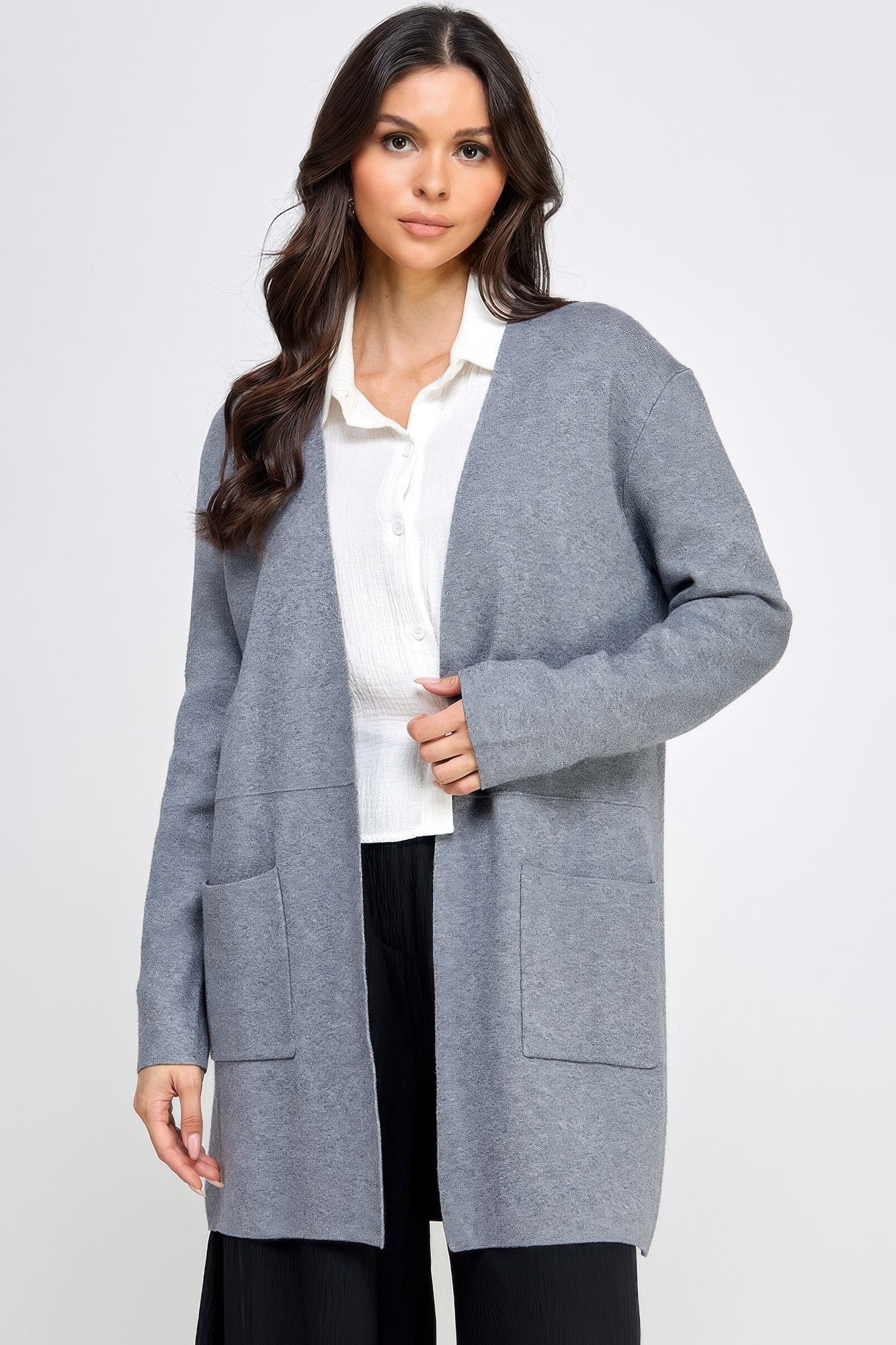 Gilet long ouvert basique gris doux