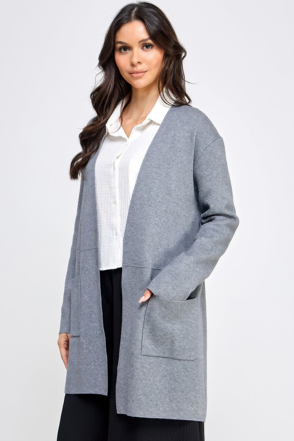 Gilet long ouvert basique gris doux