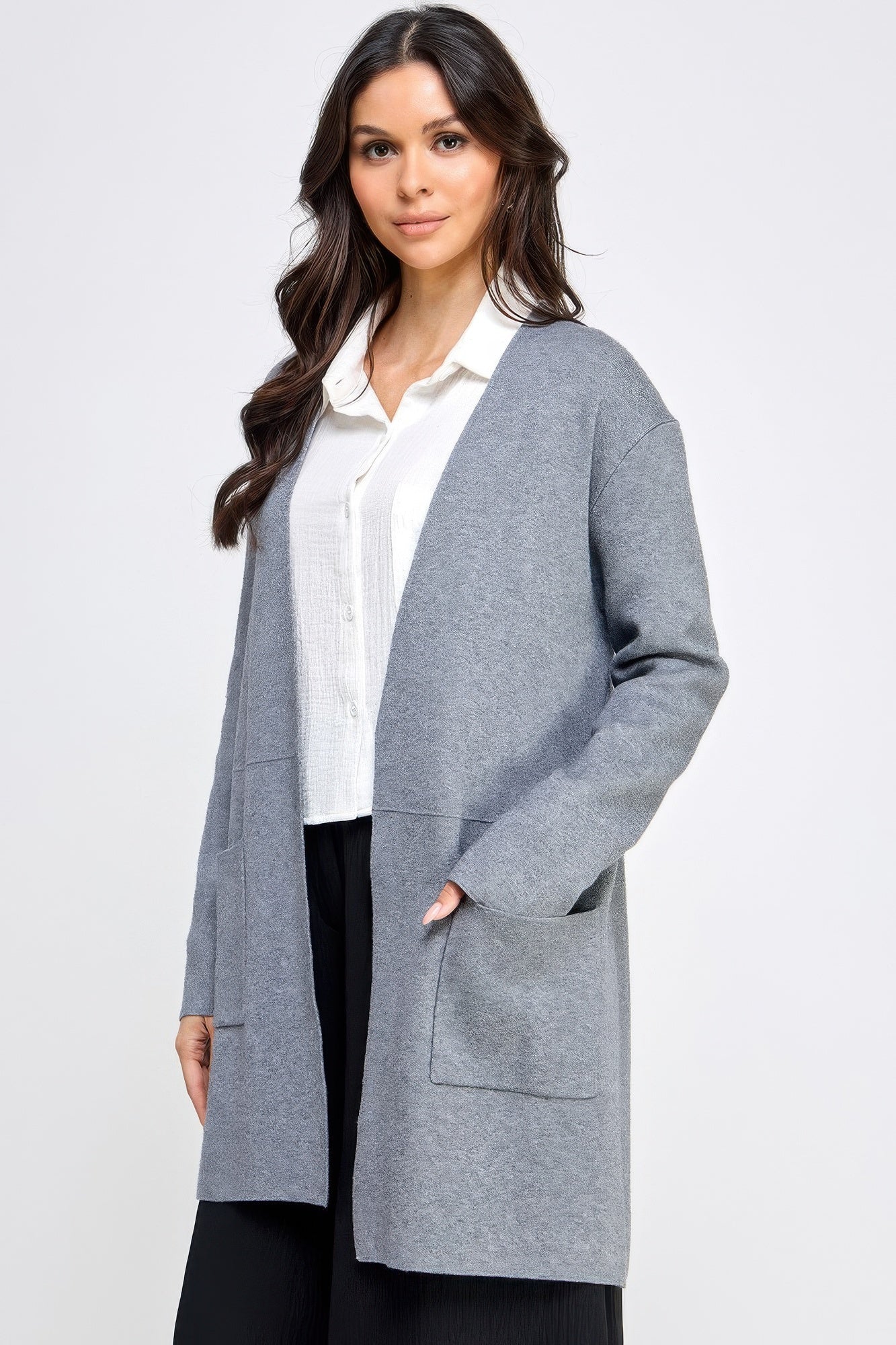 Gilet long ouvert basique gris doux