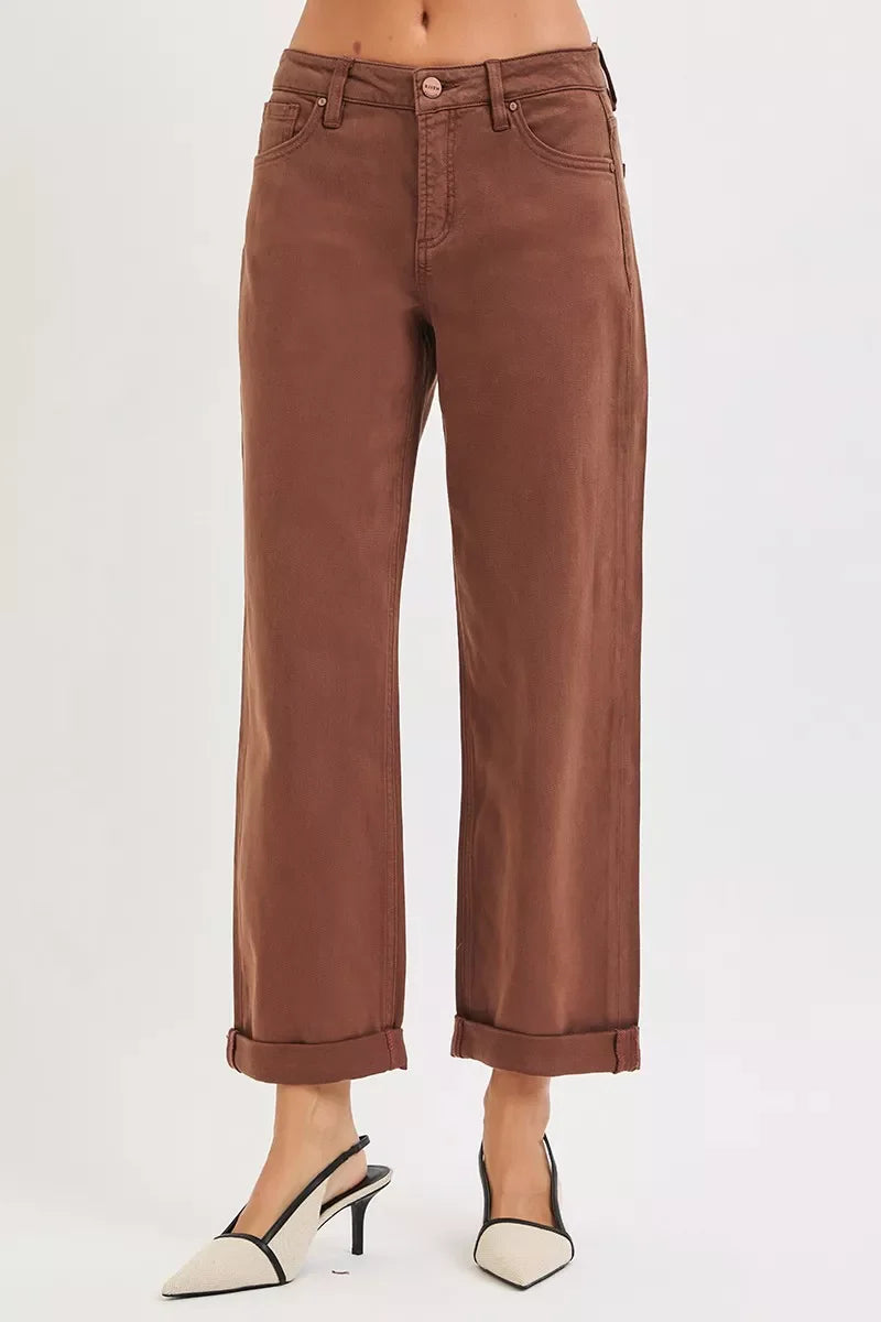 Pantalon baggy à jambes fuselées, taille mi-haute ventre plat, marron