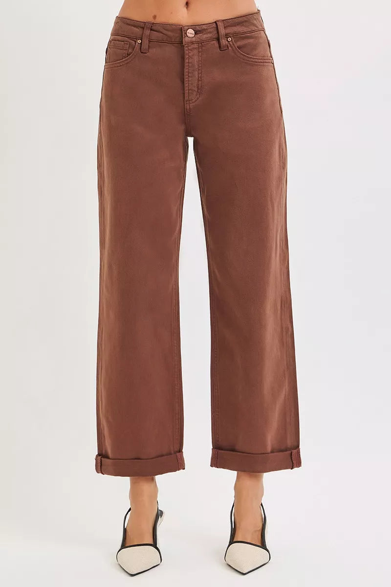 Pantalon baggy à jambes fuselées, taille mi-haute ventre plat, marron