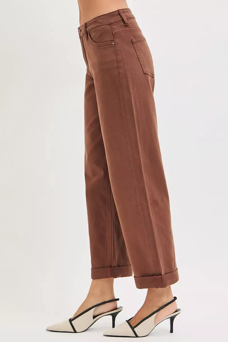 Pantalon baggy à jambes fuselées, taille mi-haute ventre plat, marron