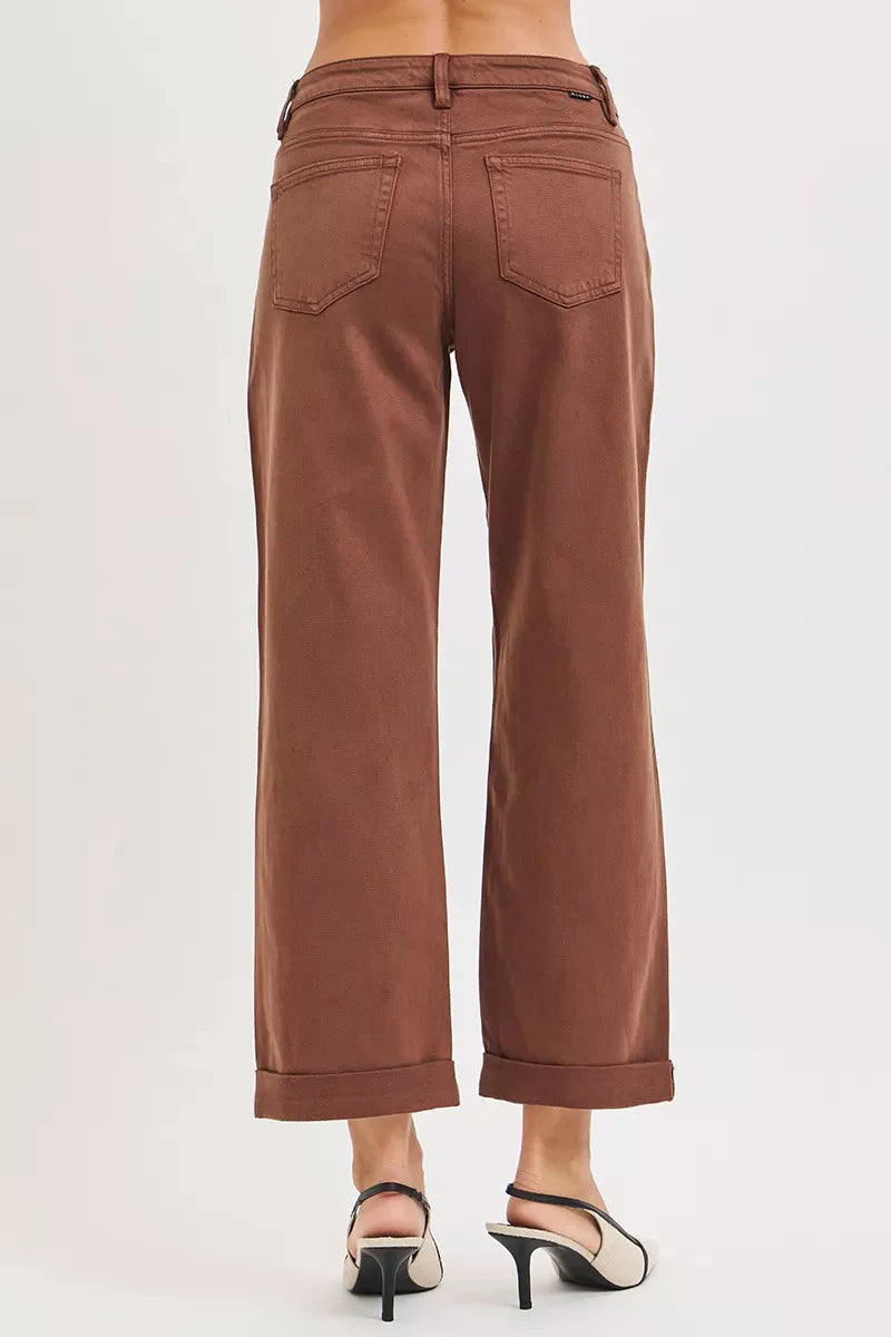 Pantalon baggy à jambes fuselées, taille mi-haute ventre plat, marron