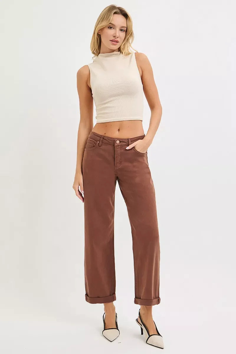 Pantalon baggy à jambes fuselées, taille mi-haute ventre plat, marron