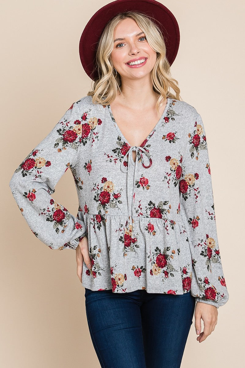 Haut babydoll en Hacci imprimé floral avec manches à poignets élastiques