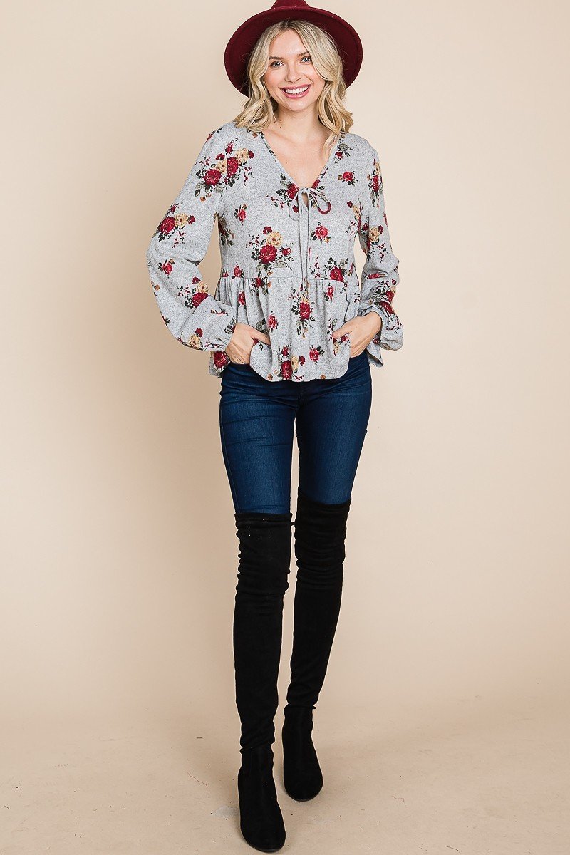 Haut babydoll en Hacci imprimé floral avec manches à poignets élastiques