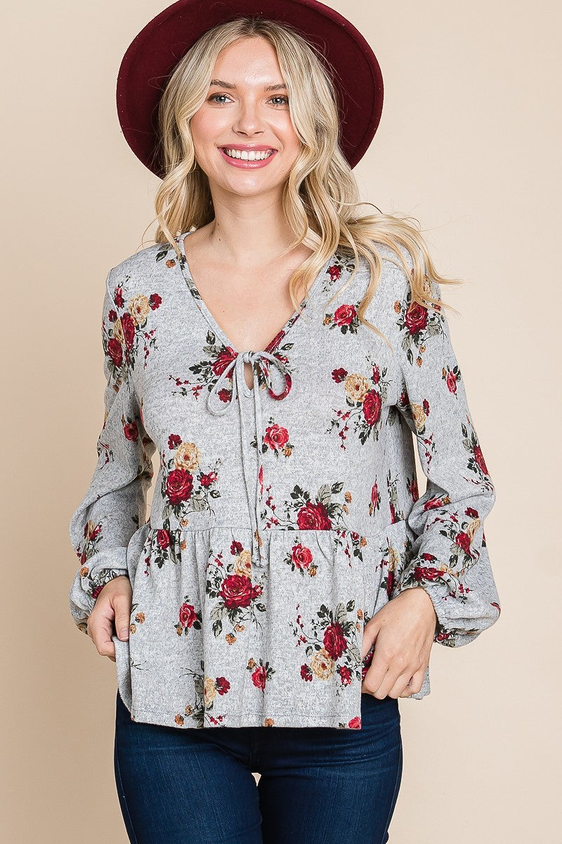 Haut babydoll en Hacci imprimé floral avec manches à poignets élastiques