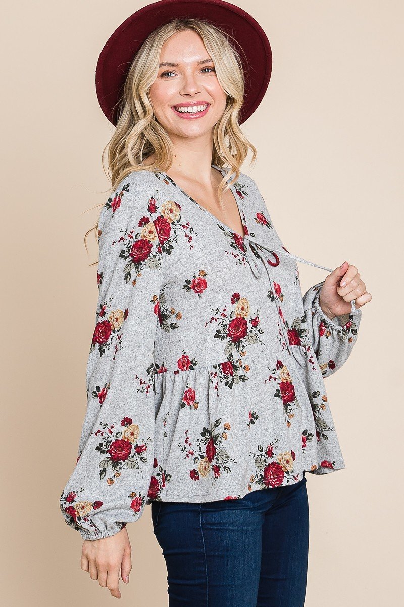 Haut babydoll en Hacci imprimé floral avec manches à poignets élastiques
