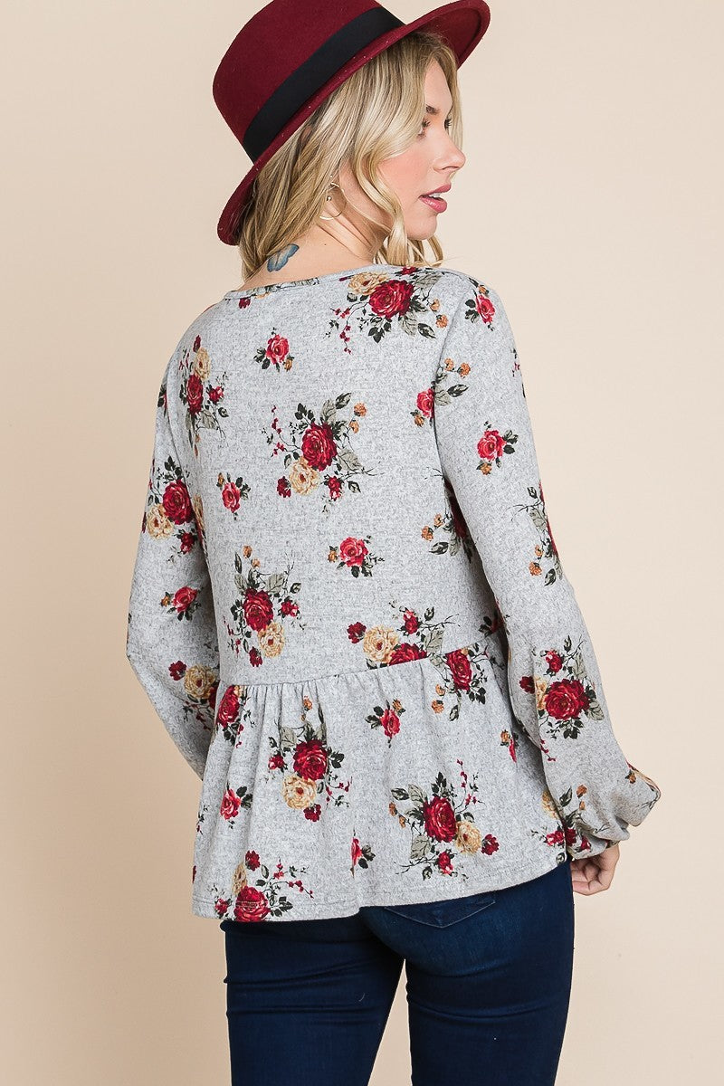 Haut babydoll en Hacci imprimé floral avec manches à poignets élastiques