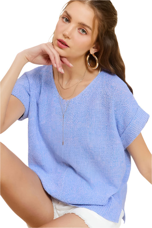 Pull doux et léger à col en V et manches courtes, taille S
