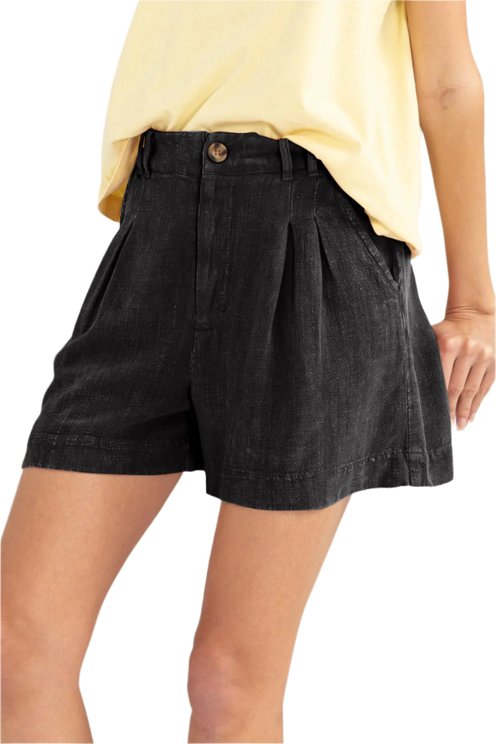 Short taille haute plissé en lin noir, taille M