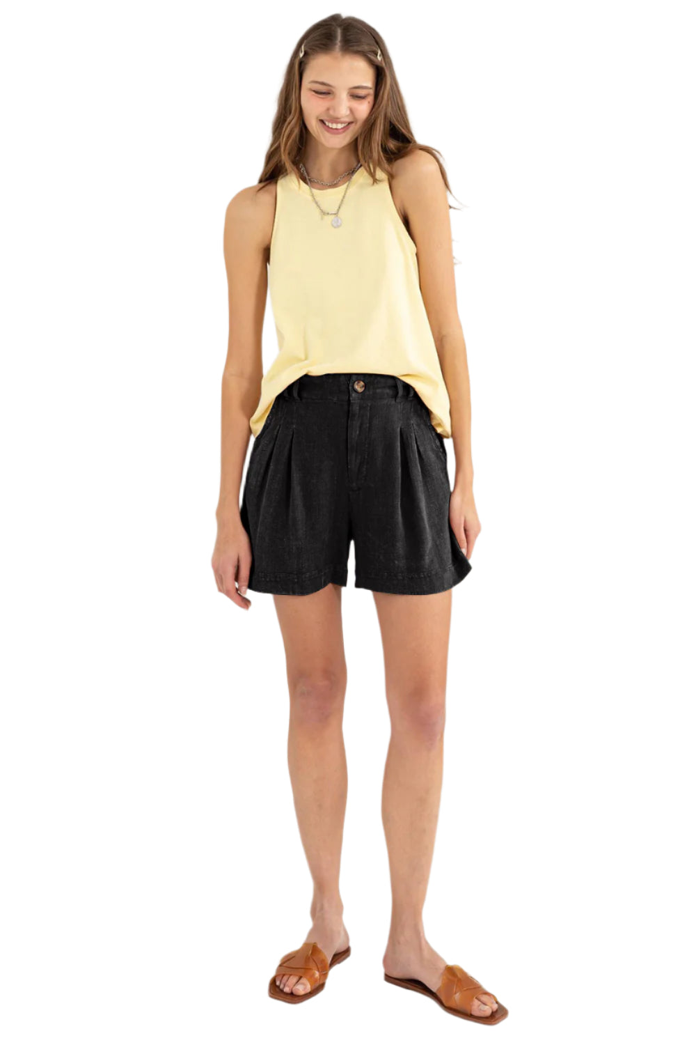 Short taille haute plissé en lin noir, taille M
