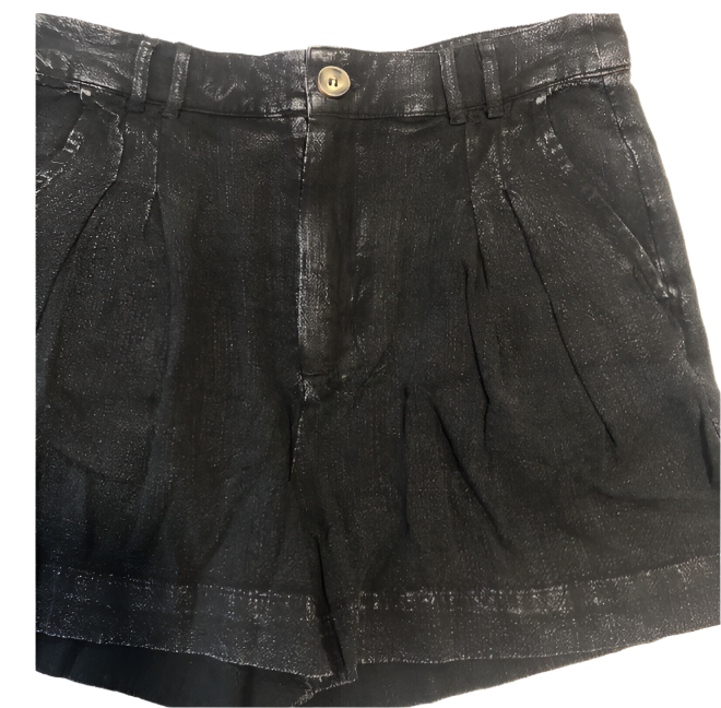Short taille haute plissé en lin noir, taille M