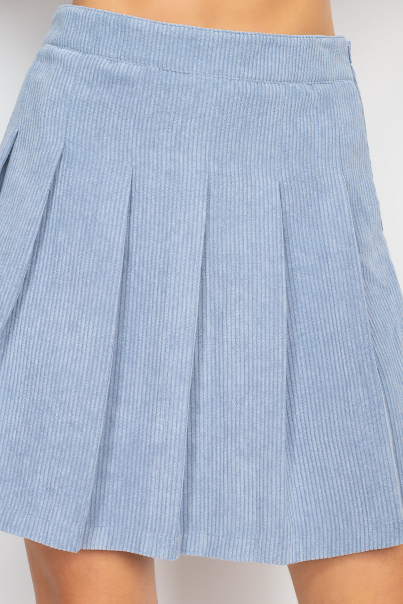 Mini-jupe plissée trapèze en velours côtelé bleu, taille L