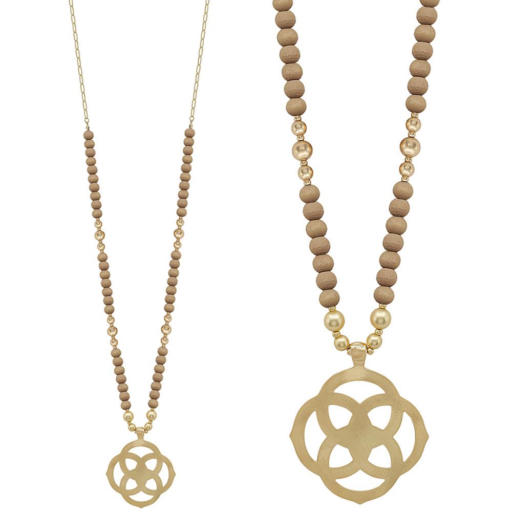Collier Pendentif Géométrique Fleur Perles en Bois