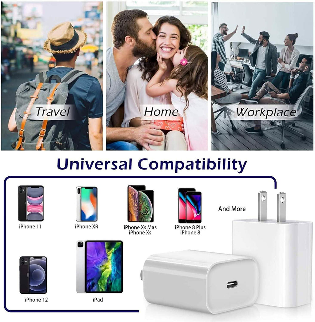 Chargeur mural secteur de voyage Veetone 20W PD Type C certifié MFi avec câble de charge rapide USB C vers Lightning de 6 pieds
