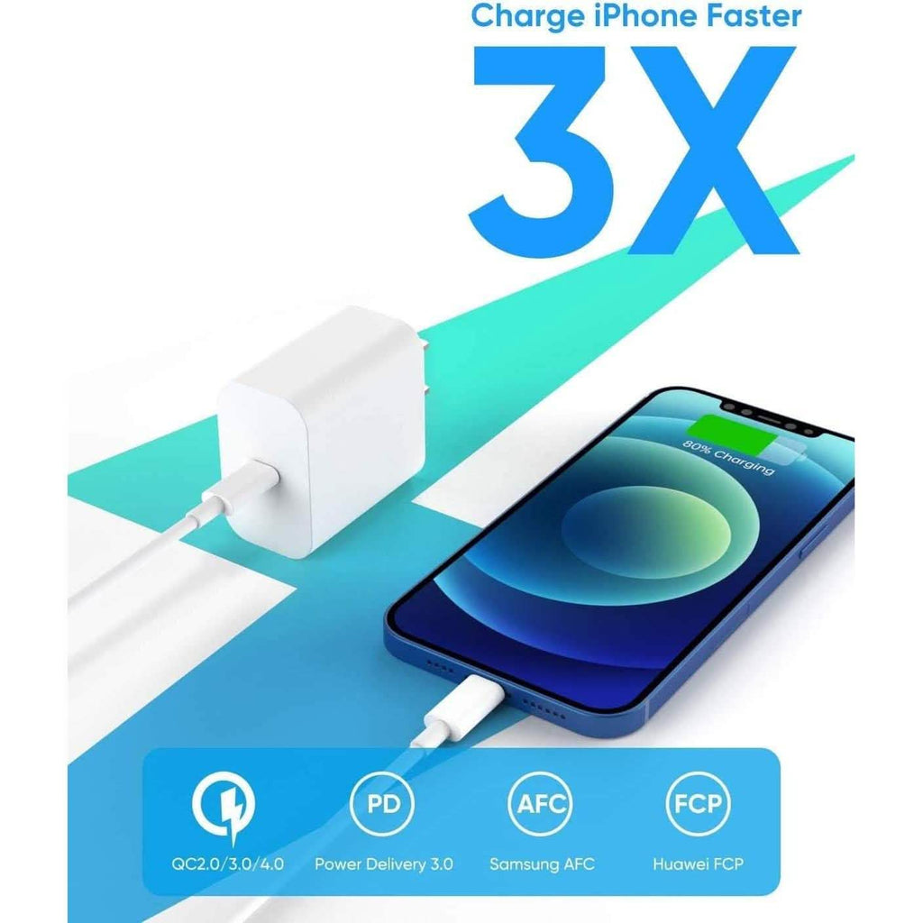 Chargeur mural secteur de voyage Veetone 20W PD Type C certifié MFi avec câble de charge rapide USB C vers Lightning de 6 pieds