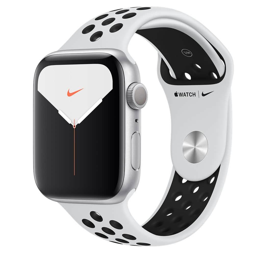 Apple Watch Nike Series 5 (GPS) 44 mm, boîtier en aluminium argenté avec bracelet sport Nike platine pur/noir