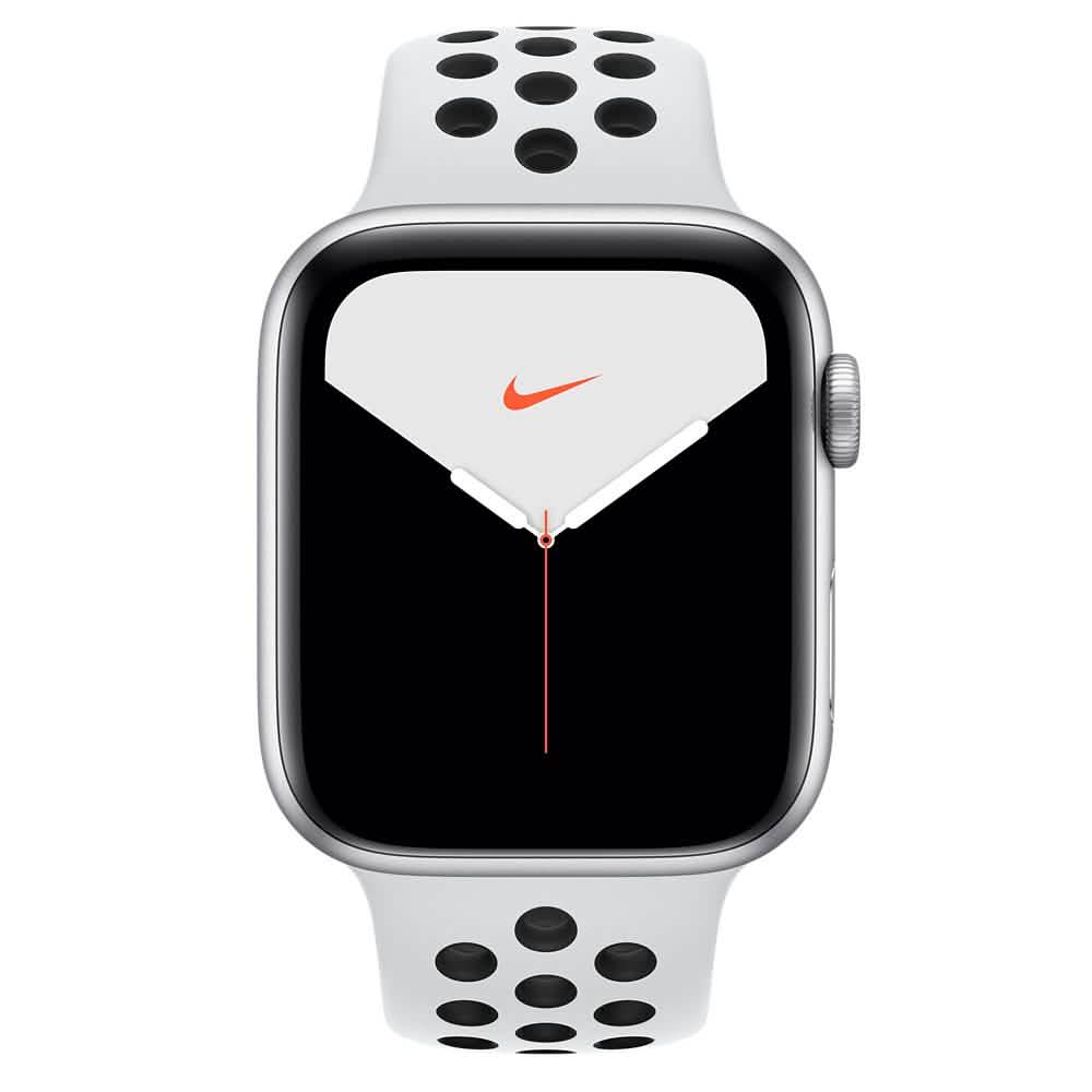 Apple Watch Nike Series 5 (GPS) 44 mm, boîtier en aluminium argenté avec bracelet sport Nike platine pur/noir