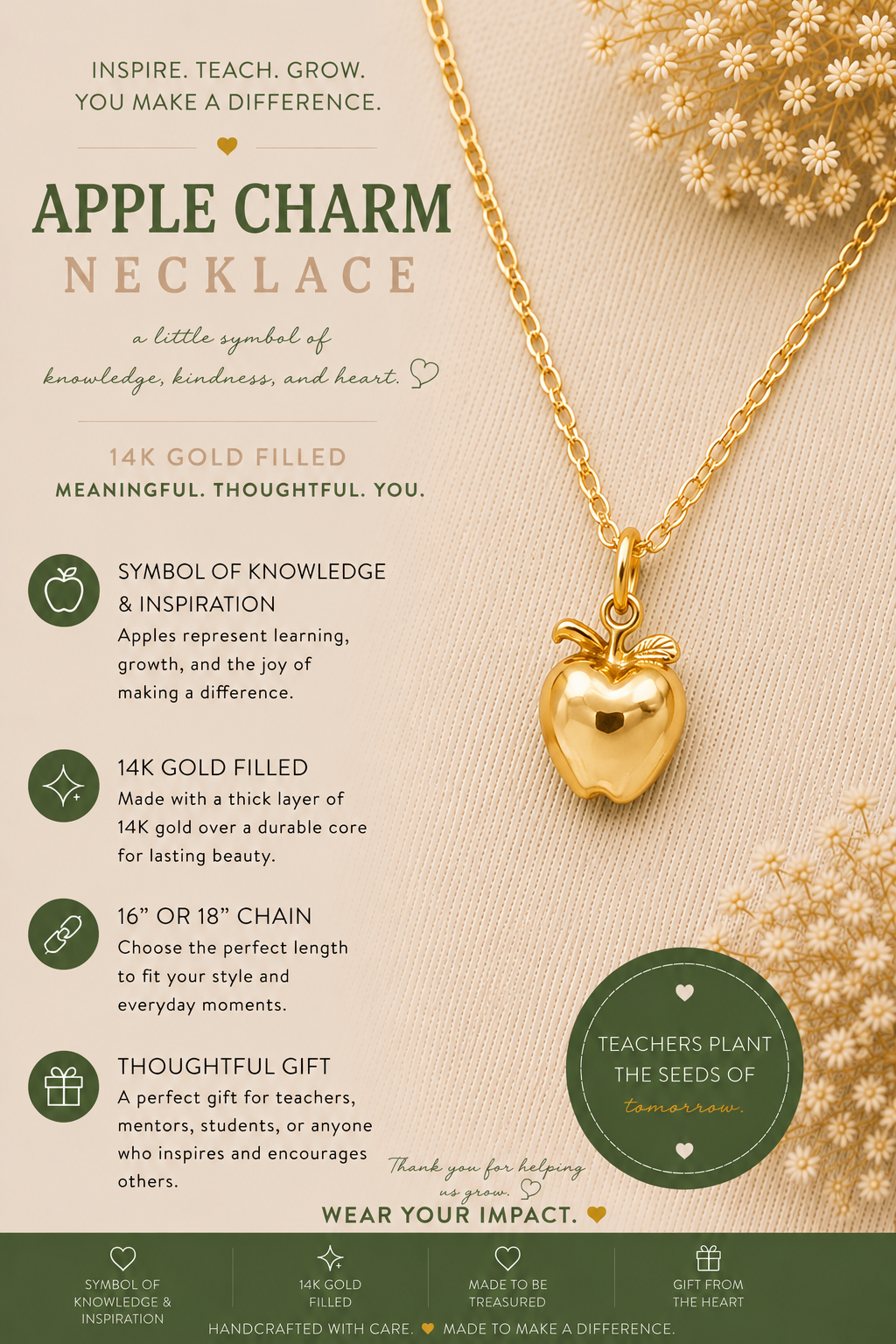 Collier Pendentif Petite Pomme - Bijoux Remplis d'Or 14k - Collier Fait Main - Cadeau pour Professeur