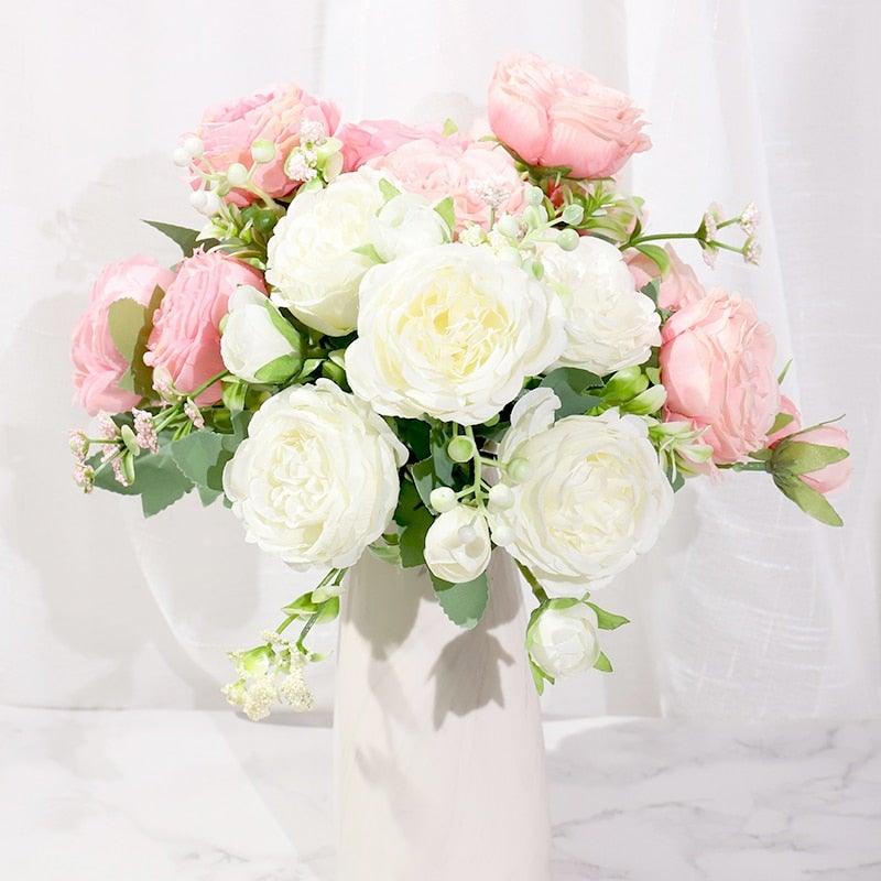 Bouquet de Fleurs Artificielles Rose, Pivoine en Soie Rose et Blanche pour Décoration de Maison, Mariage, Fête ou Festival