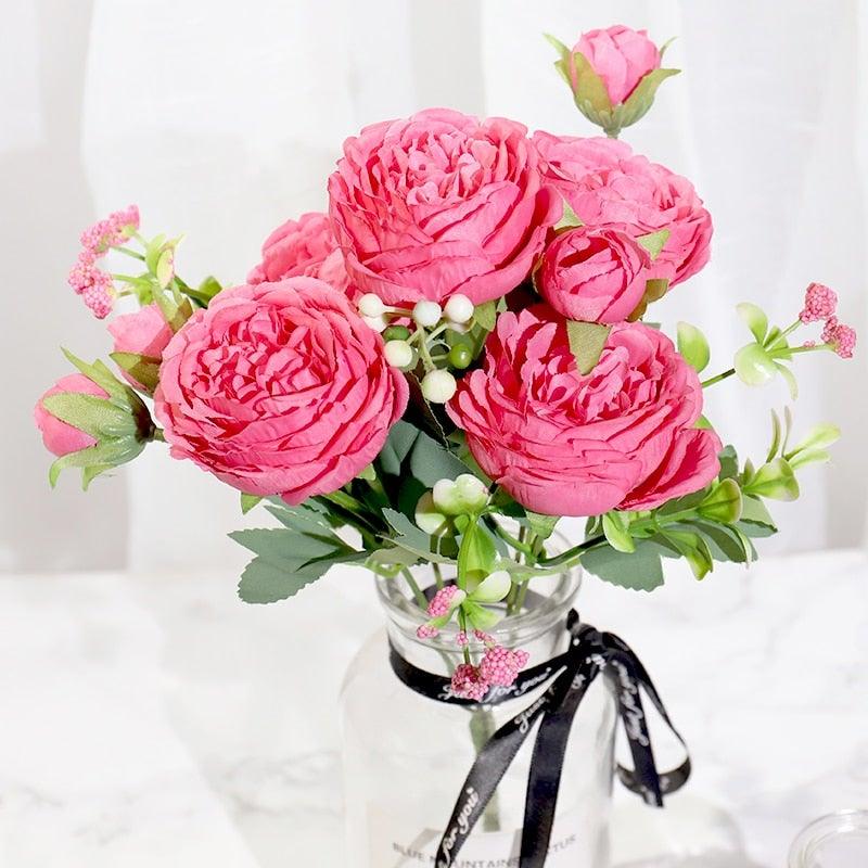 Bouquet de Fleurs Artificielles Rose, Pivoine en Soie Rose et Blanche pour Décoration de Maison, Mariage, Fête ou Festival