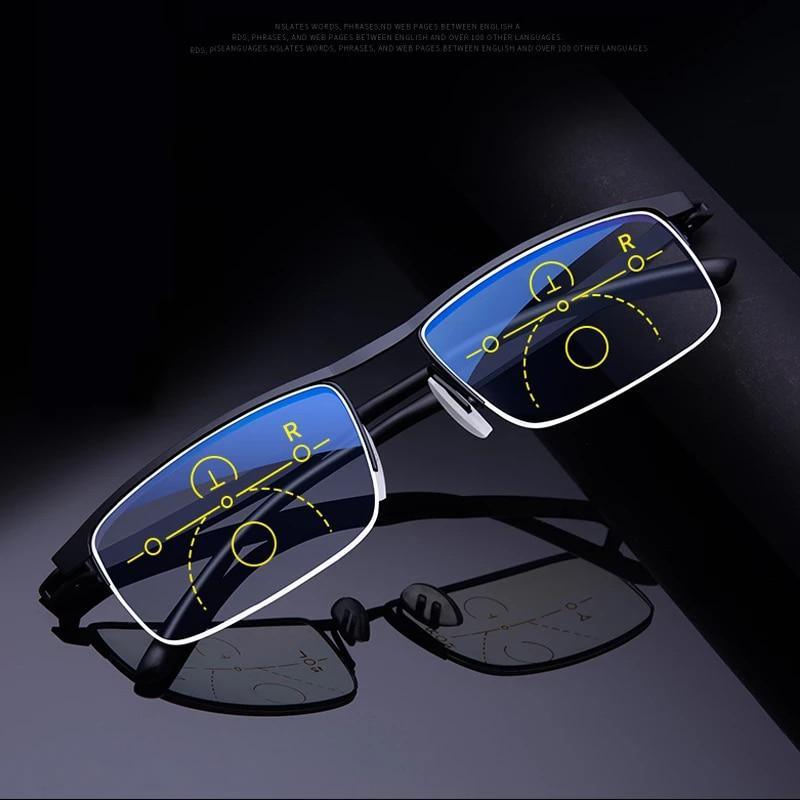 Lunettes de lecture progressives multifocales intelligentes avec monture métallique élégante et lunettes anti-lumière bleue à réglage automatique unisexe pour hommes et femmes
