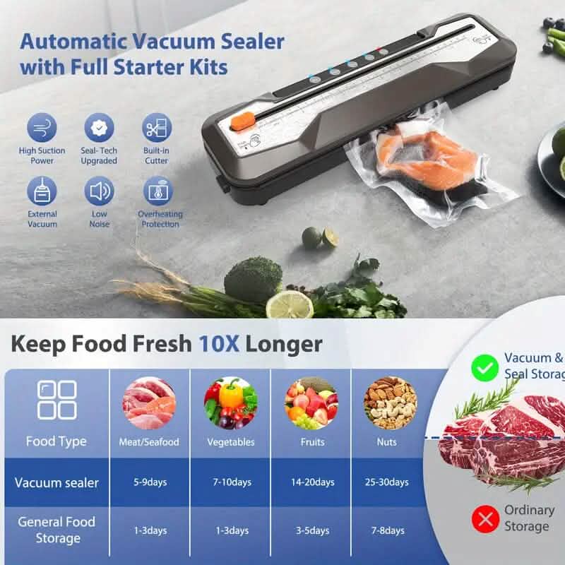 Appareil d'emballage sous vide alimentaire automatique à une touche, 5 modes, avec 15 sacs de scellage et coupe-sac intégré
