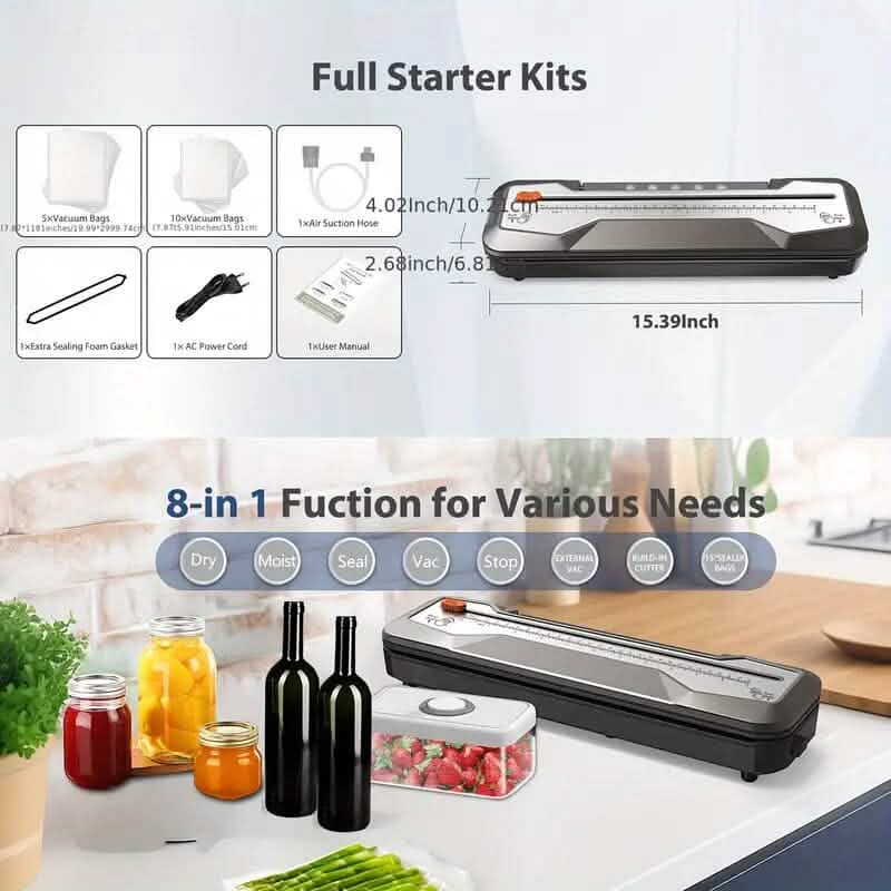 Appareil d'emballage sous vide alimentaire automatique à une touche, 5 modes, avec 15 sacs de scellage et coupe-sac intégré