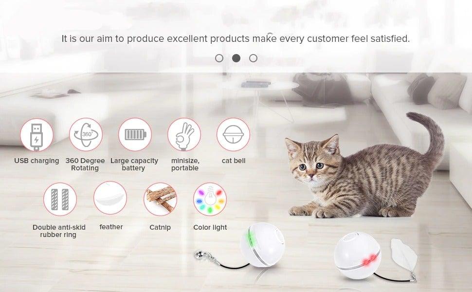 Jouets intelligents automatiques pour chats, balle interactive à herbe à chat, rechargeable par USB, auto-rotative, LED colorée, plume, clochettes pour chats et chatons, lumière LED tournante intégrée stimulant l'instinct de chasse.