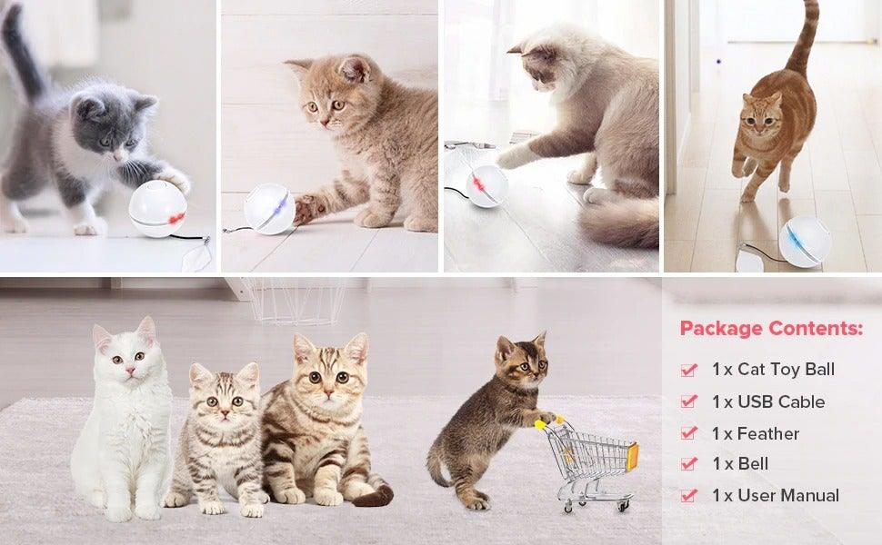 Jouets intelligents automatiques pour chats, balle interactive à herbe à chat, rechargeable par USB, auto-rotative, LED colorée, plume, clochettes pour chats et chatons, lumière LED tournante intégrée stimulant l'instinct de chasse.