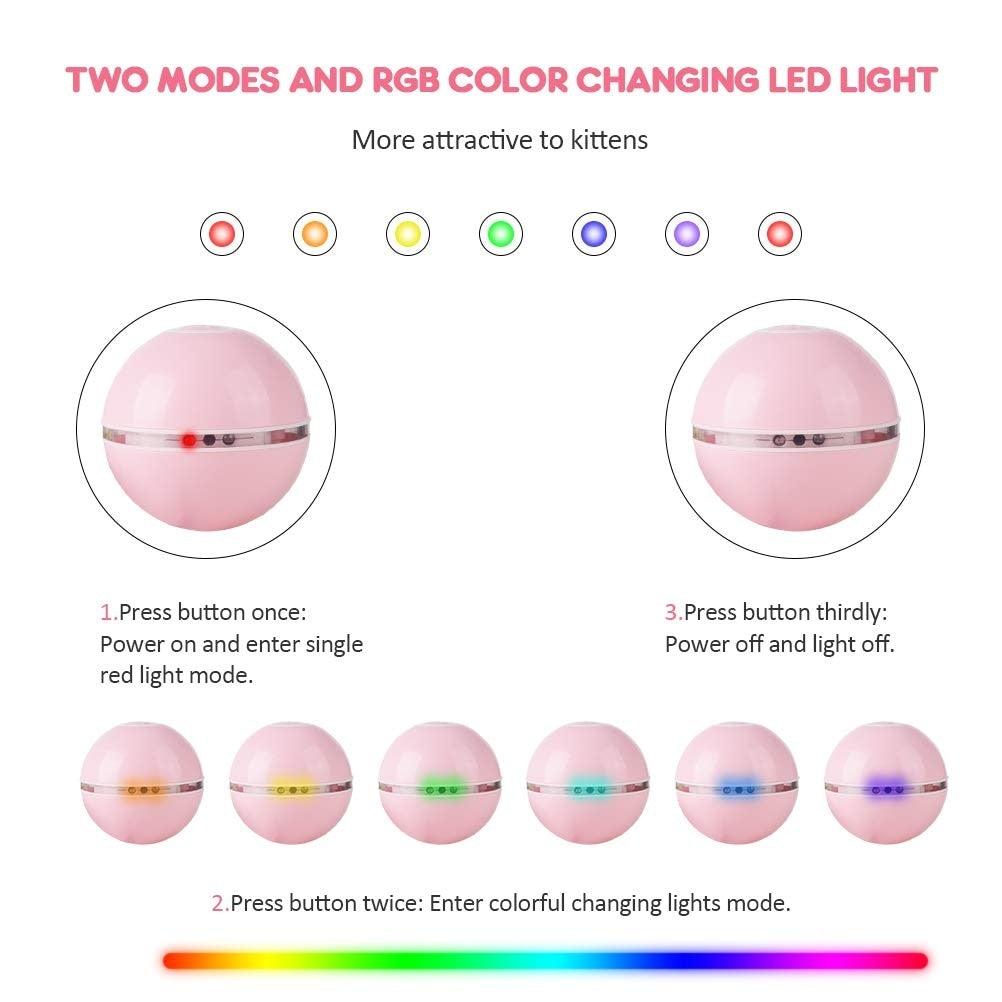 Jouets intelligents automatiques pour chats, balle interactive à herbe à chat, rechargeable par USB, auto-rotative, LED colorée, plume, clochettes pour chats et chatons, lumière LED tournante intégrée stimulant l'instinct de chasse.