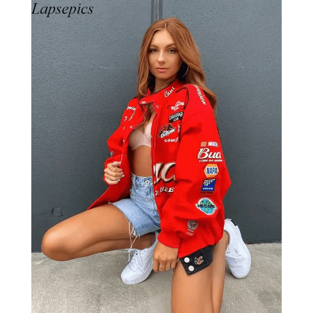 Manteau Veste Imprimé Rouge Décontracté Ample à Manches Longues pour Femmes Style Sports d'Automne et d'Hiver Vestes Surtailles pour Femmes